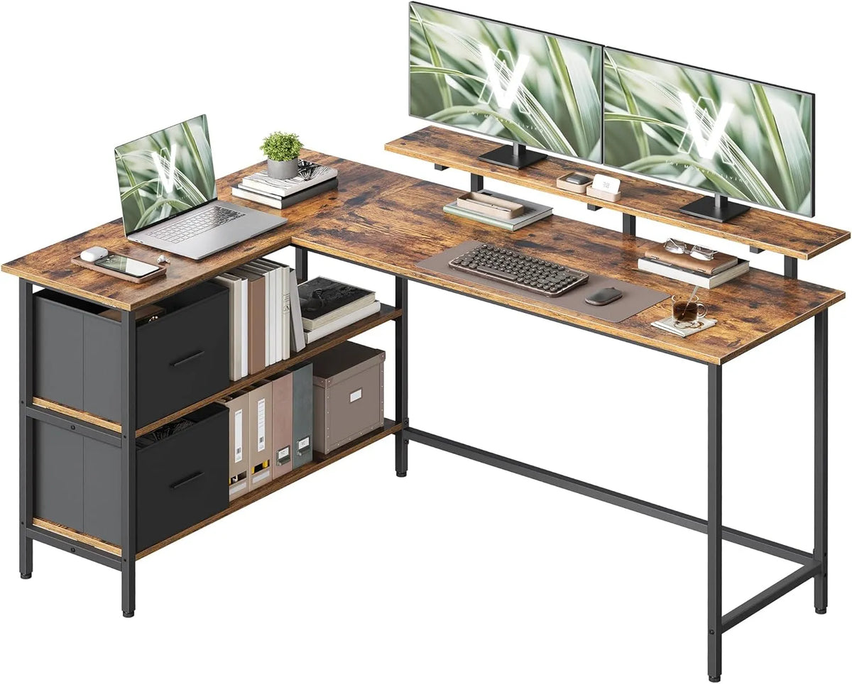 VASAGLE Biurko i stół komputerowy: w kształcie litery L, z szufladami, z biurkiem, regulowana konstrukcja, 155 × 105 cm