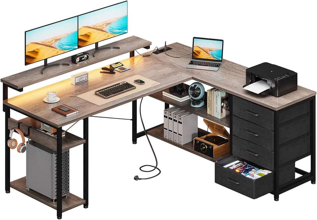 Biurko i stół komputerowy – w kształcie litery L, ze schowkiem, z szufladami, z biurkiem, 135 × 110 cm, szary, z oświetleniem LED, z portem USB
