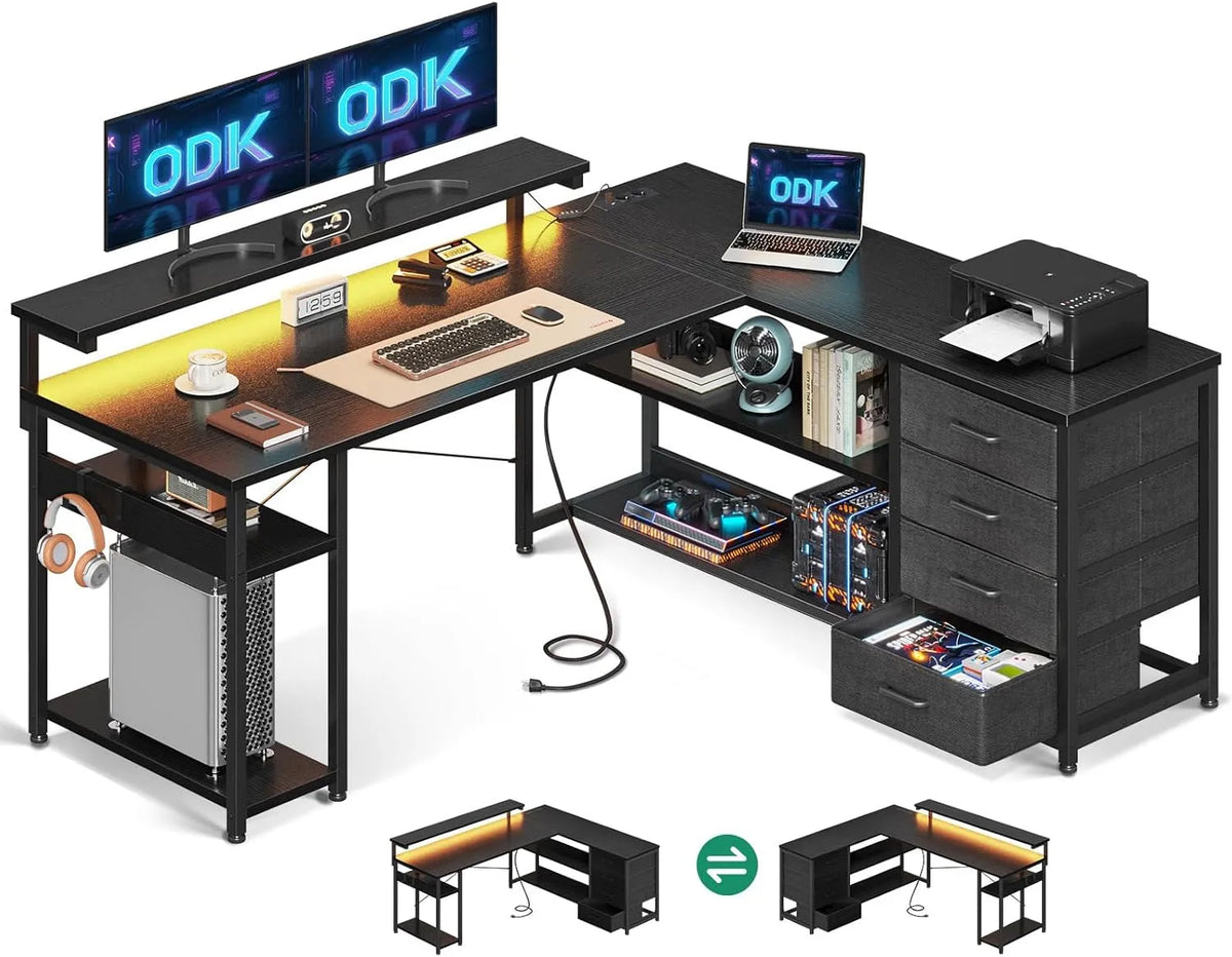 Biurko i stół komputerowy – w kształcie litery L, z szufladami, z biurkiem, z portem USB, 135 × 110 cm, czarny, z oświetleniem LED