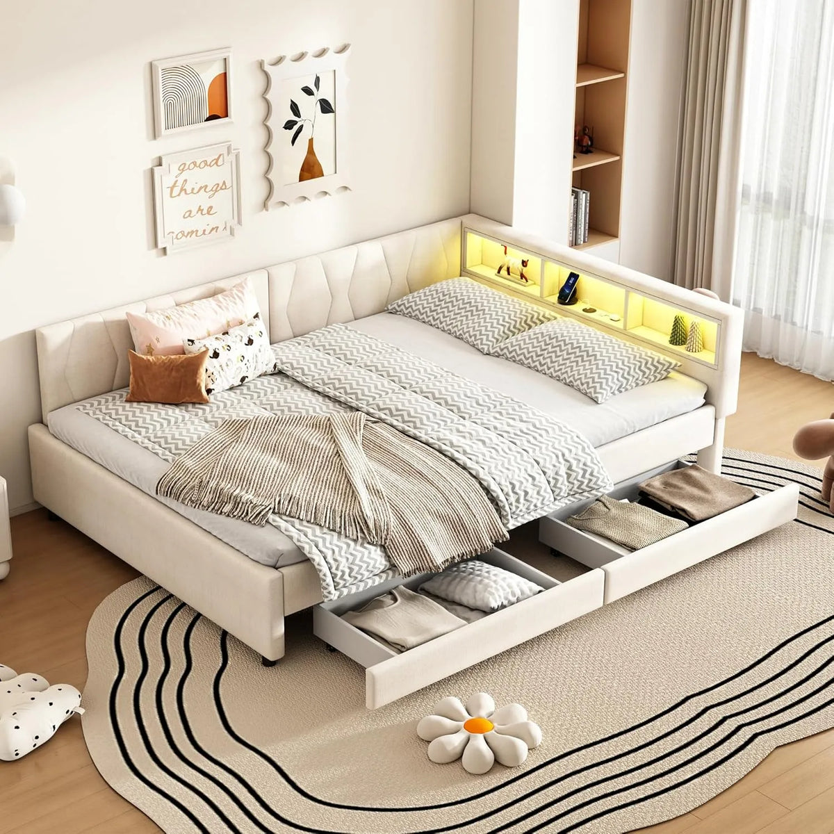 Łóżko tapicerowane i rama łóżka z obiciem: z szufladami, z portem USB, wyświetlacz LED, 140 × 200 cm, tapicerka materiałowa