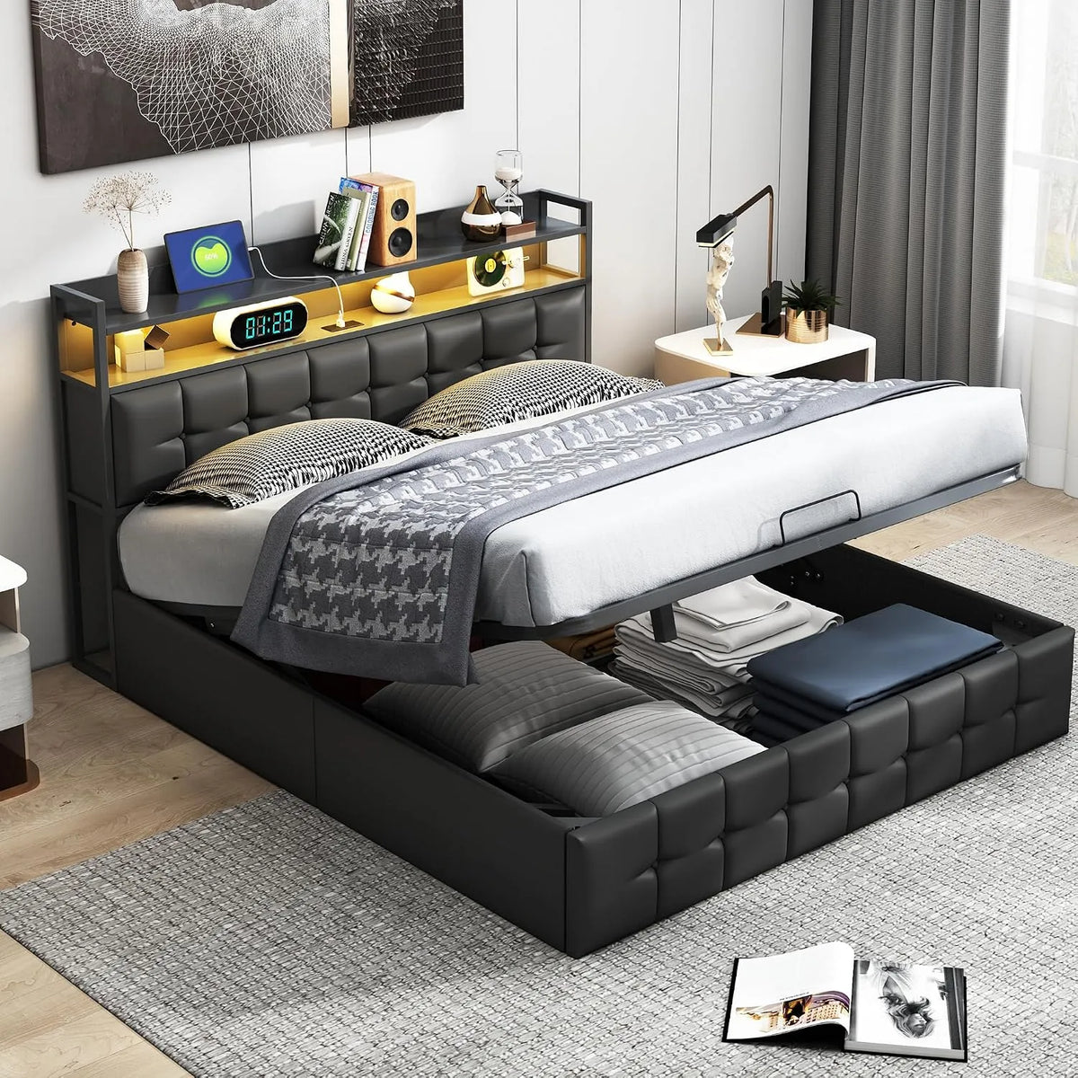 Łóżko tapicerowane i rama łóżka z obiciem – USB-C, z oparciem, z portem USB, wyświetlacz LED, 140 × 200 cm, tapicerka materiałowa