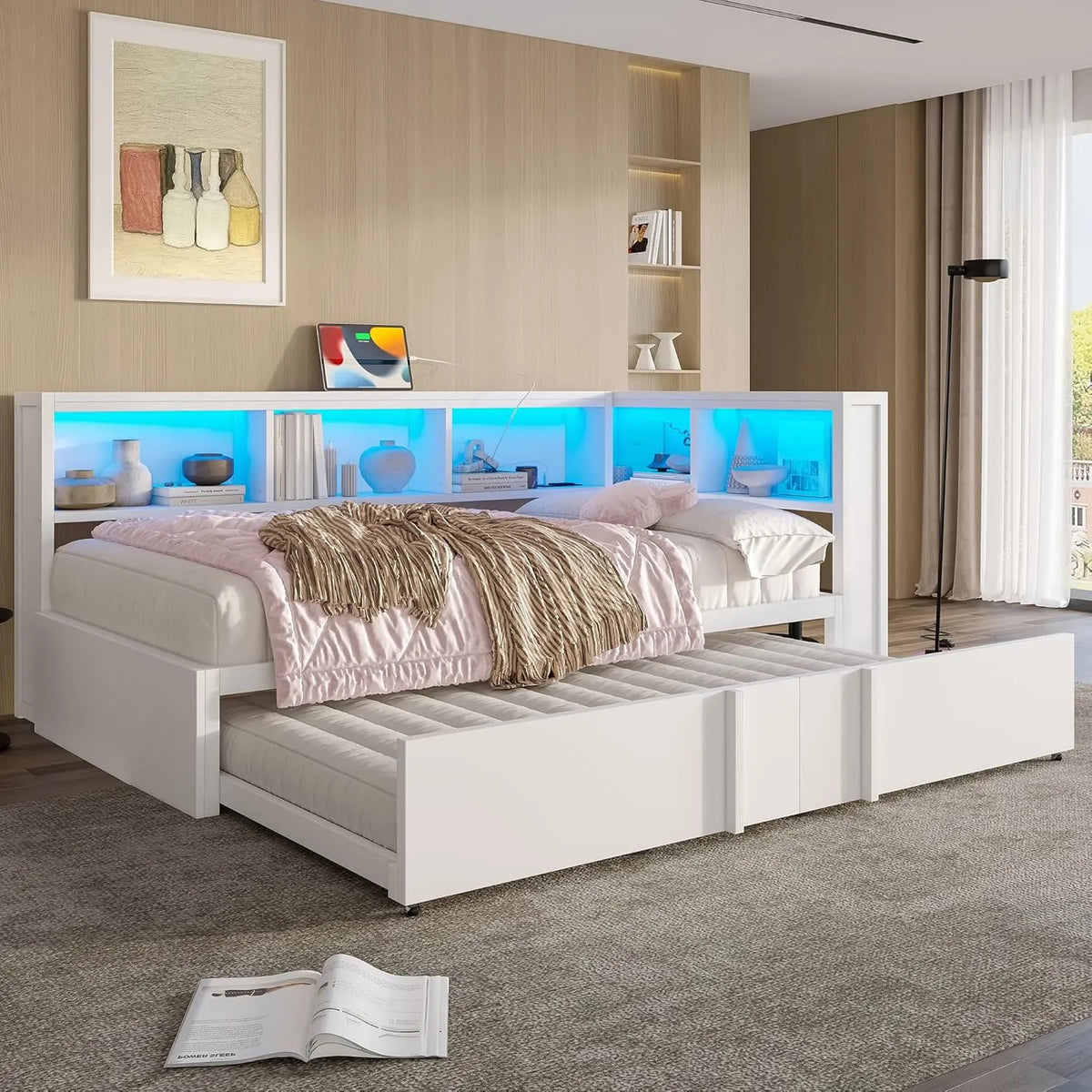 Metalowe Łóżko dzienne i łóżko dla gości – z szafą, z portem USB, wyświetlacz LED, 90 × 200 cm, biały