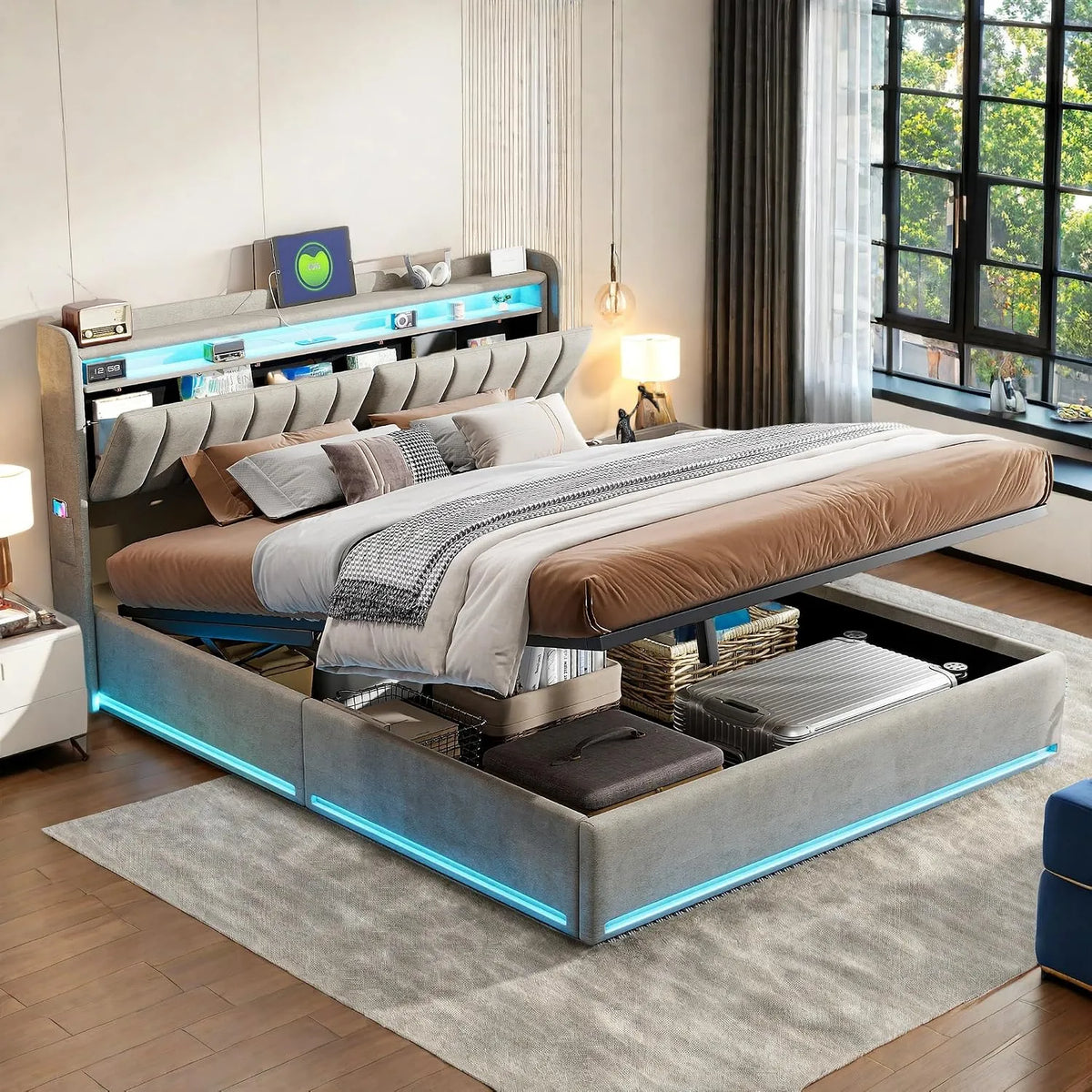 Łóżko tapicerowane i rama łóżka z obiciem – z portem USB, wyświetlacz LED, 160 × 200 cm, tapicerka materiałowa