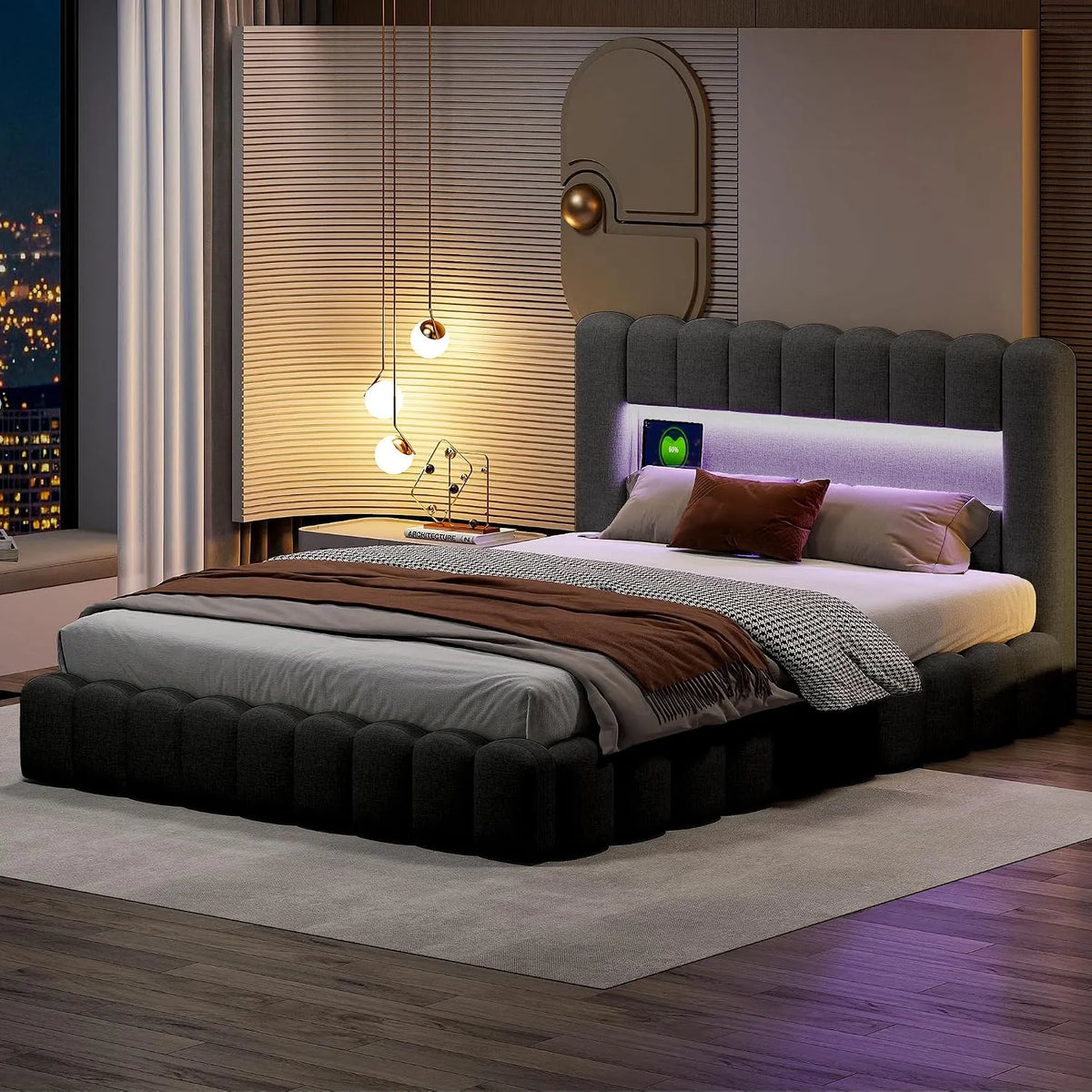 Łóżko tapicerowane i rama łóżka z obiciem — z portem USB, wyświetlacz LED, 180 × 200 cm, szary
