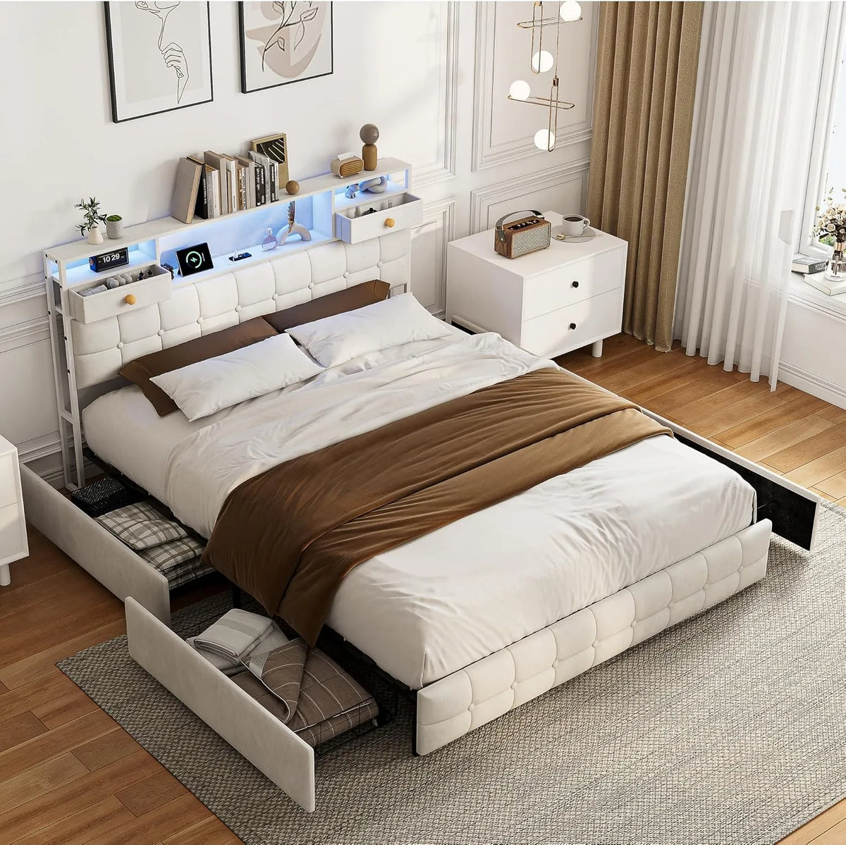 Łóżko tapicerowane i rama łóżka z obiciem: z szufladami, z portem USB, wyświetlacz LED, 4 szufladami, 160 × 200 cm, tapicerka materiałowa