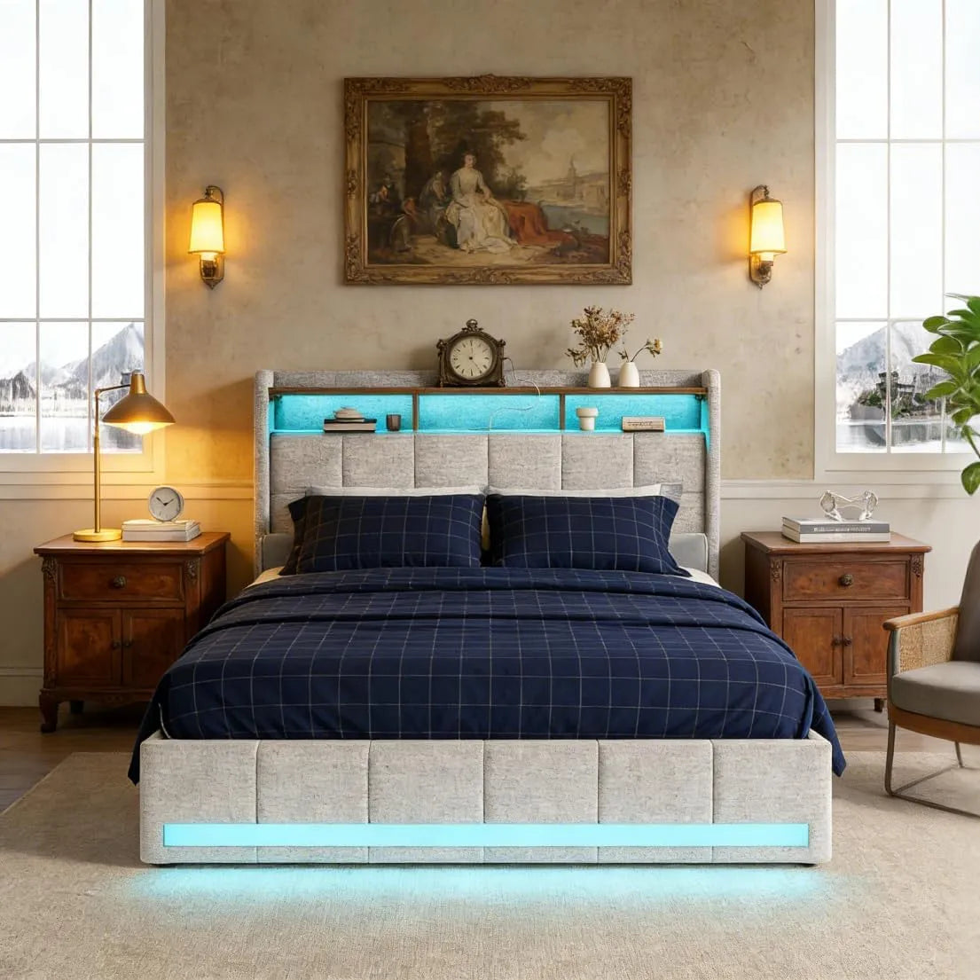 Łóżko 2-osobowe LED z gniazdkiem: z szufladami, z portem USB, wyświetlacz LED, 4 szufladami, 180 × 200, 180 × 200 cm, beżowy