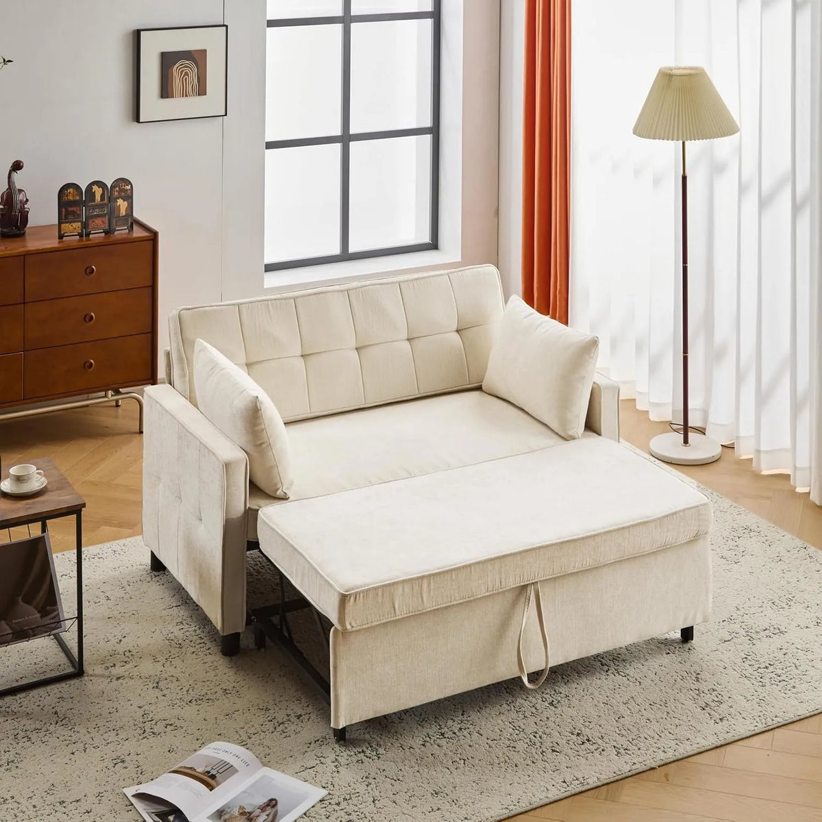 Sofa – z funkcją spania, z oparciem, regulowana konstrukcja, 2-osobowy, 142 × 79 × 85 cm, 3 w, beżowy