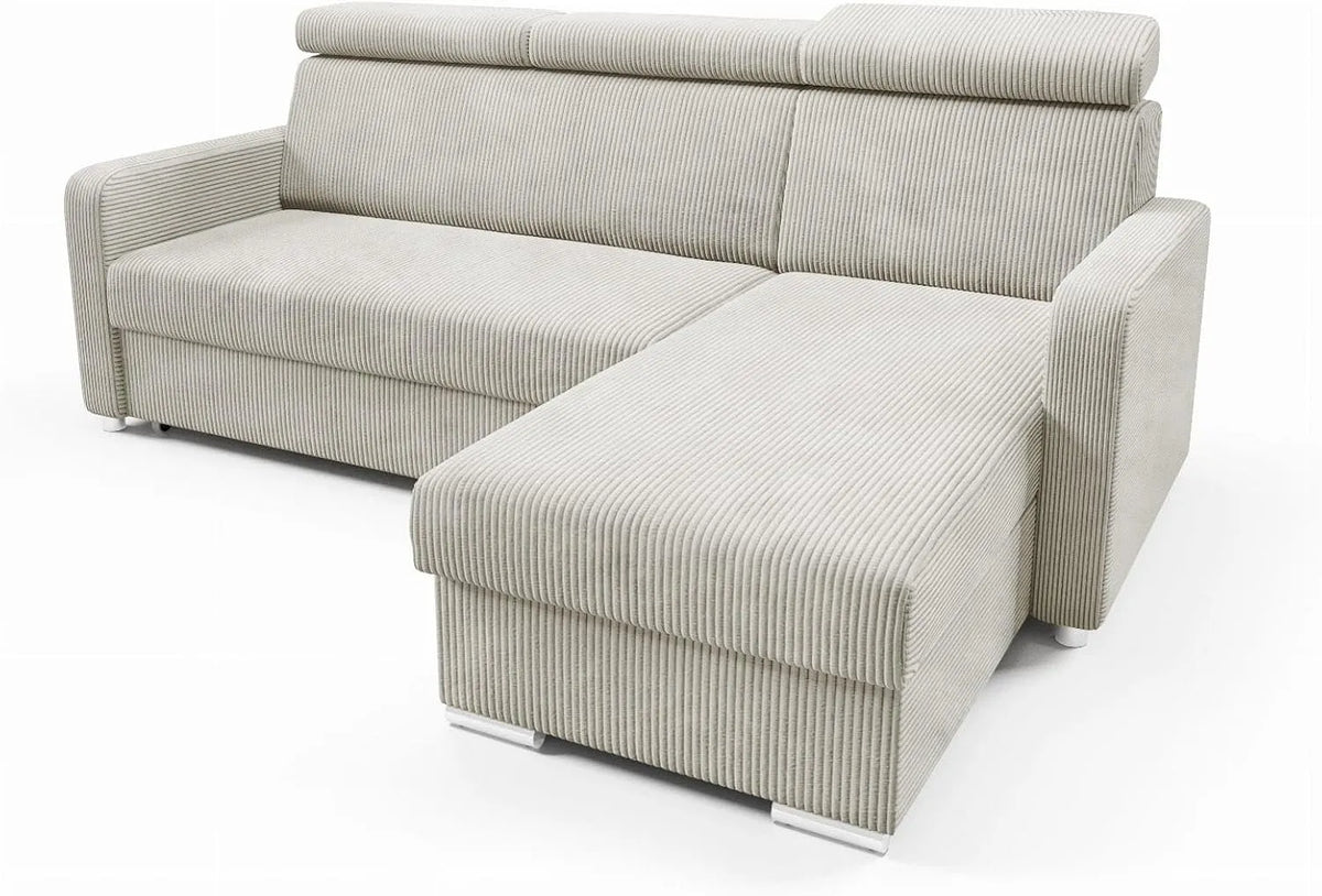 Sofa narożna: MAKO, tapicerka materiałowa, z funkcją spania, regulowana konstrukcja, 190 × 125 cm, 213 cm, beżowy, z pojemnikiem do przechowywania