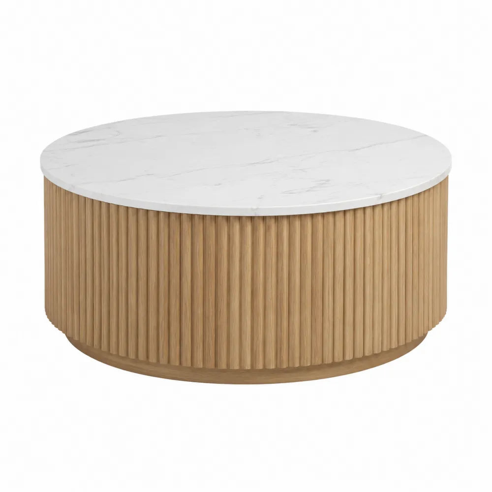 Stolik kawowy marmur MDF 90 cm biały/drewno