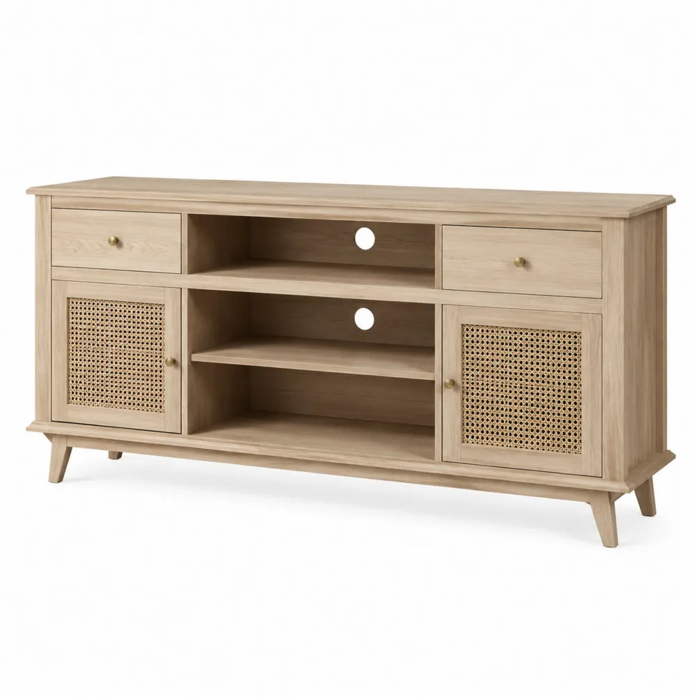 Szafka RTV z MDF z drzwiami rattanowymi, kolor dąb, 150 cm