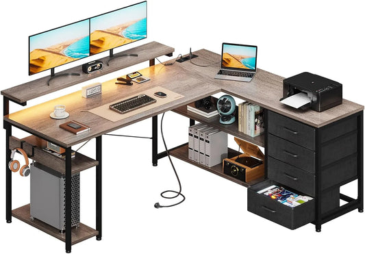 Biurko i stół komputerowy – w kształcie litery L, ze schowkiem, z szufladami, z biurkiem, 135 × 110 cm, szary, z oświetleniem LED, z portem USB