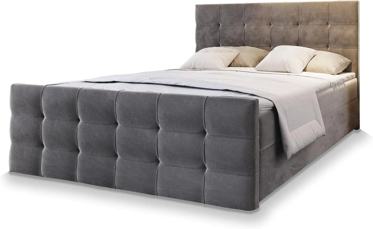 Masseno Łóżko kontynentalne AMON 140x200 cm – tapicerka materiałowa, 140 × 200 cm, szary, z pojemnikiem do przechowywania, tapicerka materiałowa