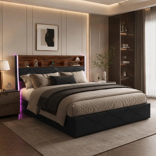Łóżko tapicerowane i rama łóżka z obiciem: z portem USB, wyświetlacz LED, 160 × 200 cm, tapicerka materiałowa