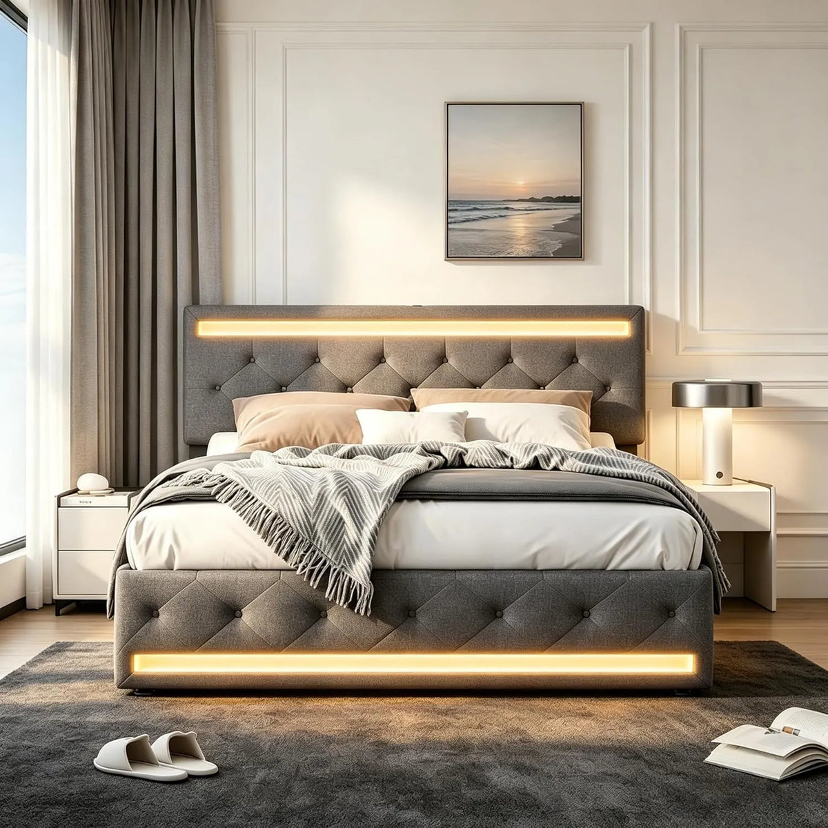 Łóżko tapicerowane i rama łóżka z obiciem — z szufladami, wyświetlacz LED, 160 × 200 cm, szary, tapicerka materiałowa