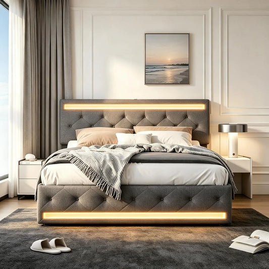 Łóżko tapicerowane i rama łóżka z obiciem — z szufladami, wyświetlacz LED, 160 × 200 cm, szary, tapicerka materiałowa