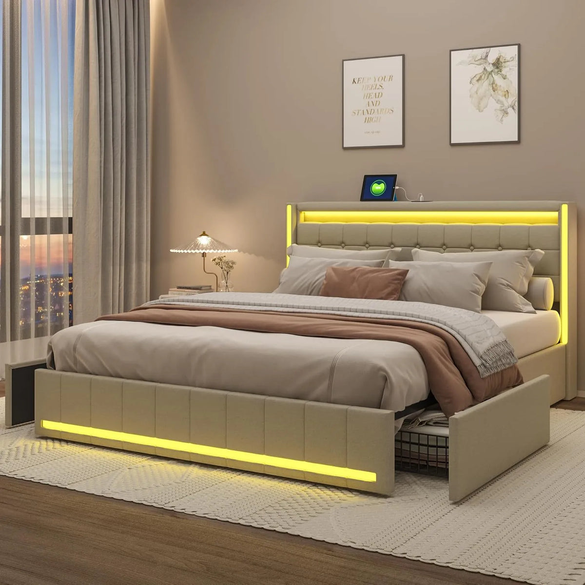 Łóżko tapicerowane i rama łóżka z obiciem: z szufladami, z portem USB, 2-osobowe, 4 szufladami, 140 × 190 cm, beżowy, tapicerka materiałowa
