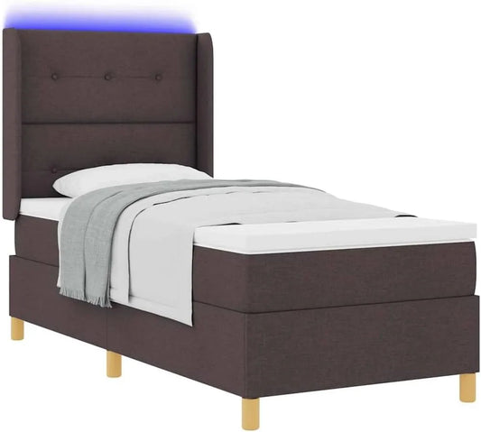 Łóżko z materacem i oświetleniem LED Ciemnobrązowe 90x200 cm Tkanina — tapicerka materiałowa, wyświetlacz LED, 90 × 200 cm
