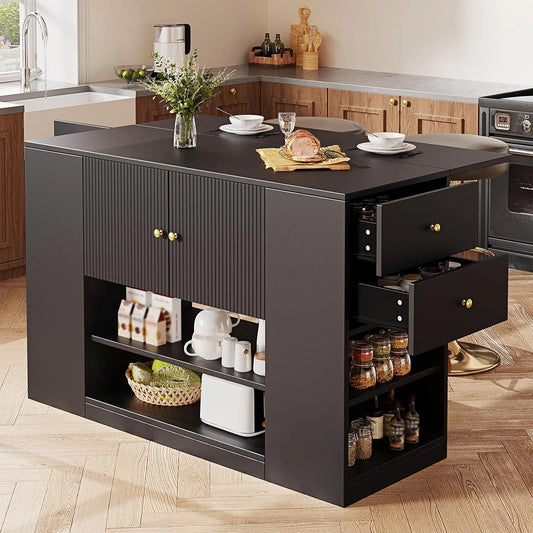 Wyspa kuchenna z blatem roboczym: wolnostojący, z szufladami, z półkami, 140 × 40, 70 × 90 cm, czarny, z półkami