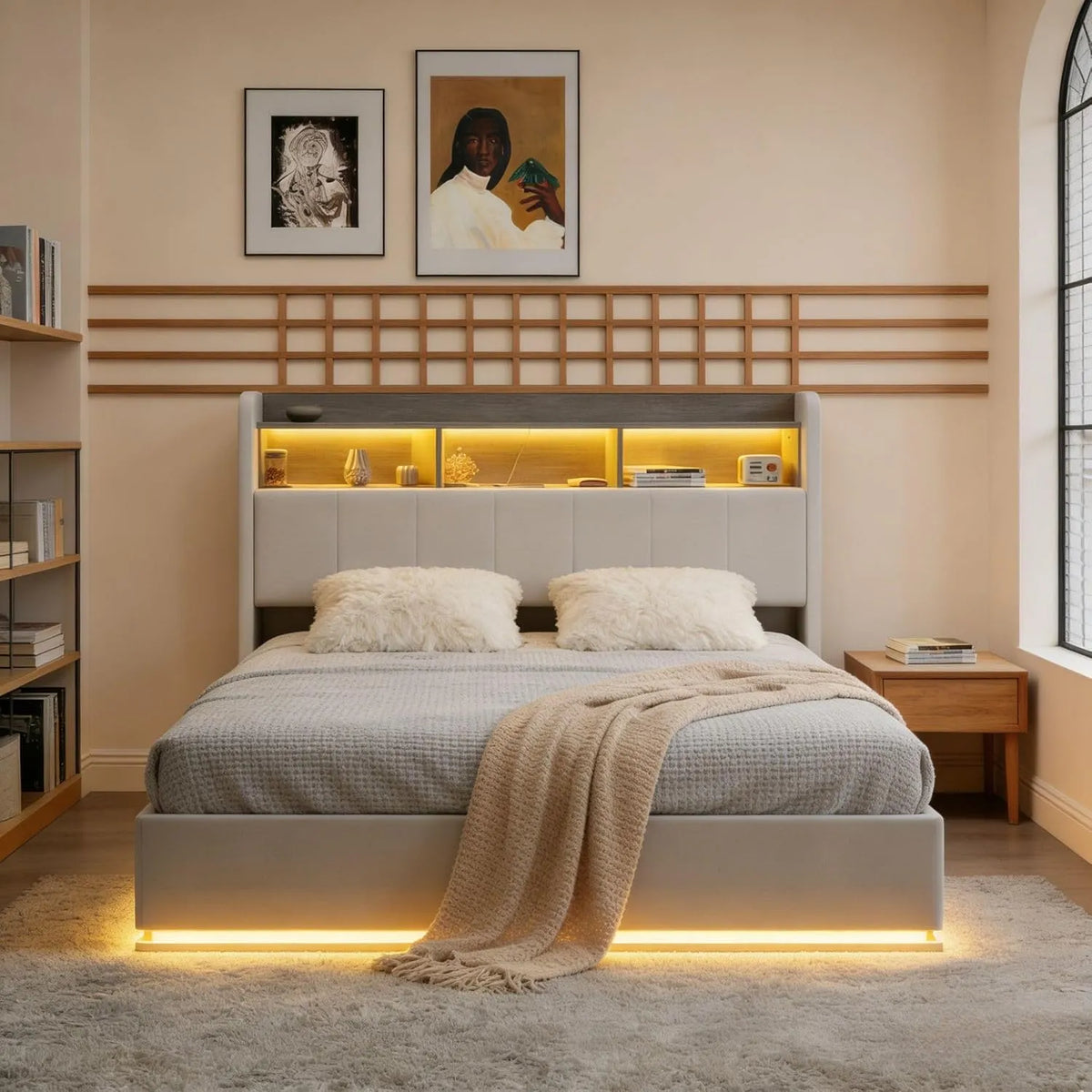 Łóżko tapicerowane i rama łóżka z obiciem – z drewna, z portem USB, tapicerka aksamitna, wyświetlacz LED, 160 × 200 cm, biały
