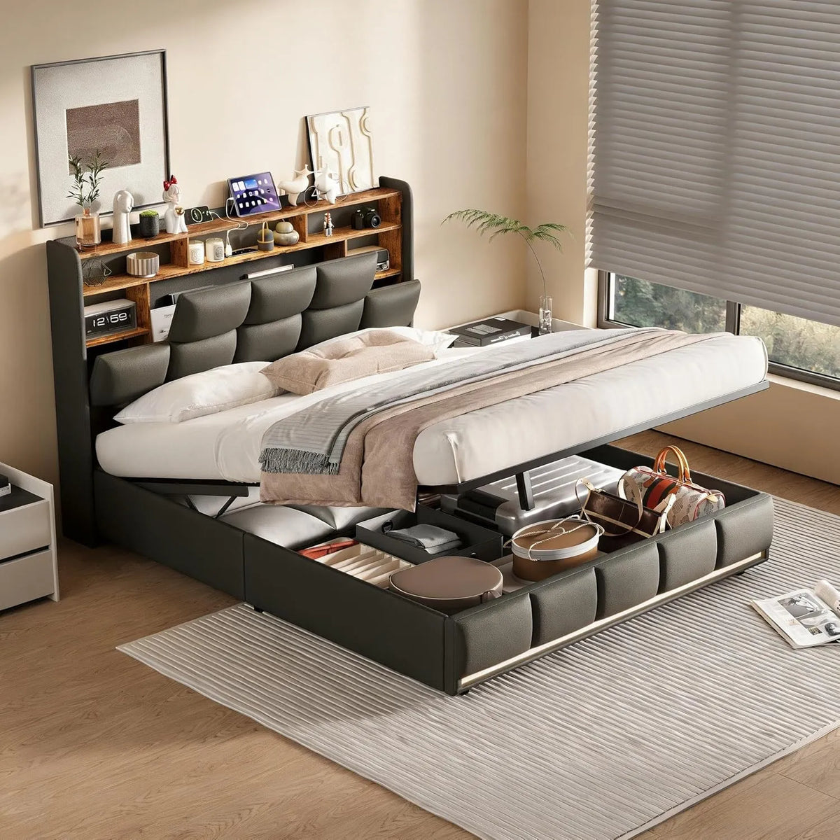 Łóżko tapicerowane i rama łóżka z obiciem — z portem USB, wyświetlacz LED, 160 × 200 cm, czarny, tapicerka materiałowa