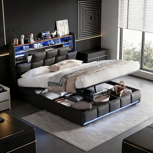 Łóżko do bagażnika 140 x 190 cm z oświetleniem LED: z portem USB, wyświetlacz LED, 140 × 190 cm, 1, 140 × 190 cm, czarny, tapicerka materiałowa