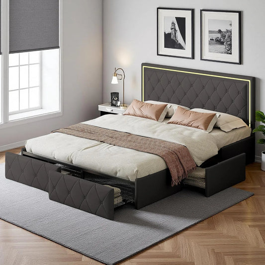 Łóżko tapicerowane i rama łóżka z obiciem: z szufladami, wyświetlacz LED, 4 szufladami, 140 × 200 cm, tapicerka materiałowa