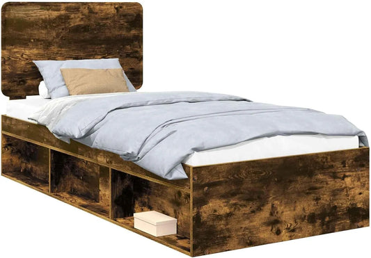 Rama łóżka i konstrukcja łóżka z dymionego dębu – z drewna, 75 × 190 cm, tapicerka materiałowa