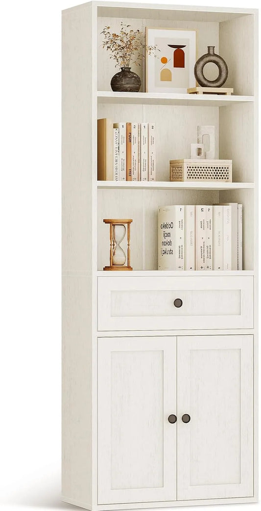 Coleshome 5-poziomowa biblioteczka z drzwiami i szafką – z szufladami, do użytku domowego, 48 × 24 × 164.2, biały