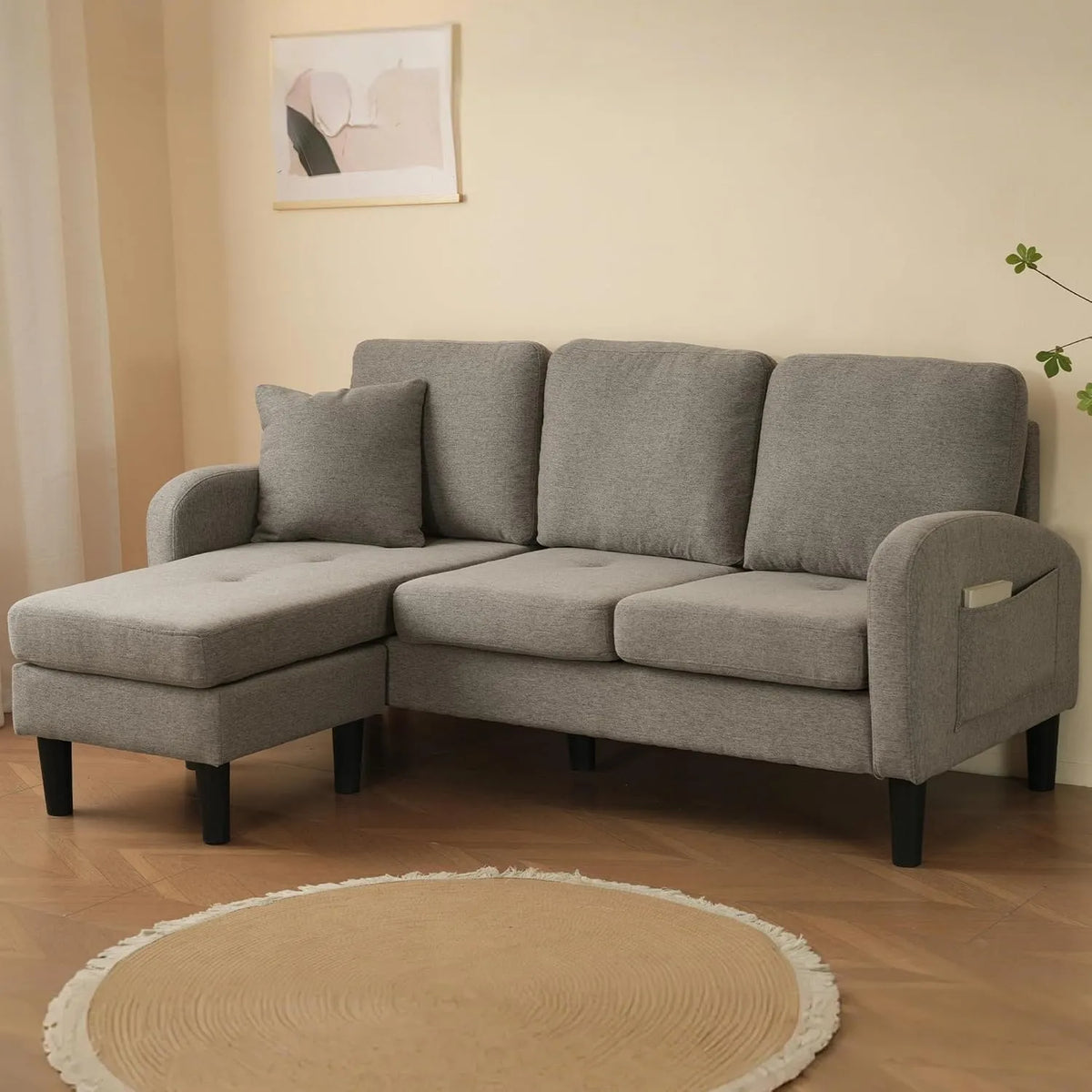 Sofa narożna — modułowa konstrukcja, w kształcie litery L, kompaktowa konstrukcja, 3-osobowa, 166 cm