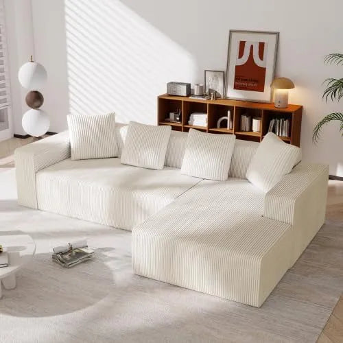 Sofa narożna — modułowa konstrukcja, w kształcie litery L, ze sztruksu, wypełnienie piankowe, 261 cm, beżowy, z funkcją spania