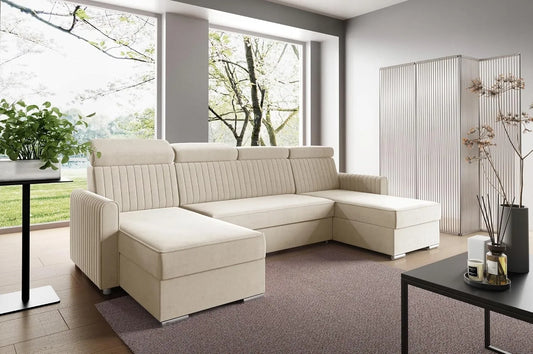 Sofa narożna — NELI, tapicerka materiałowa, z funkcją spania, regulowana konstrukcja, 254 × 125 cm, 274 cm, beżowy, z pojemnikiem do przechowywania