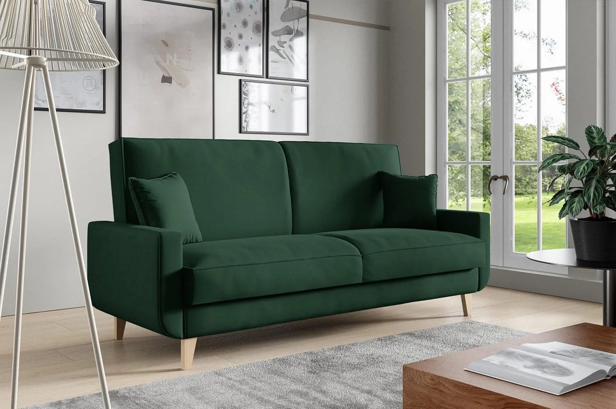 Sofa — tapicerka materiałowa, z funkcją spania, z poduszkami, 211 × 95 × 90 cm, z pojemnikiem do przechowywania, rozkładana konstrukcja