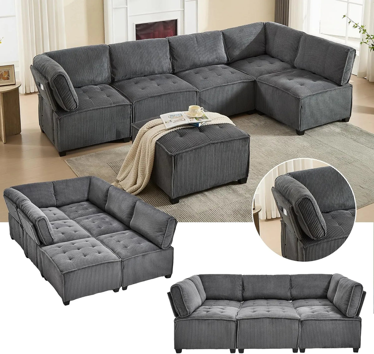 Sofa rozkładana i sofa z funkcją spania: modułowa konstrukcja, ze sztruksu, tapicerka materiałowa, z drewna, 6-osobowa, z metalu