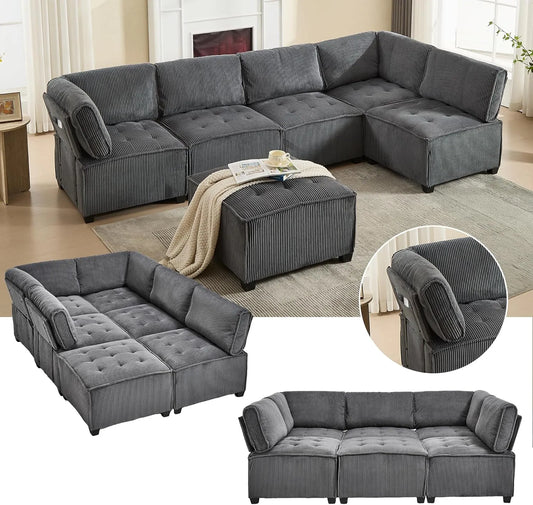 Sofa rozkładana i sofa z funkcją spania: modułowa konstrukcja, ze sztruksu, tapicerka materiałowa, z drewna, 6-osobowa, z metalu