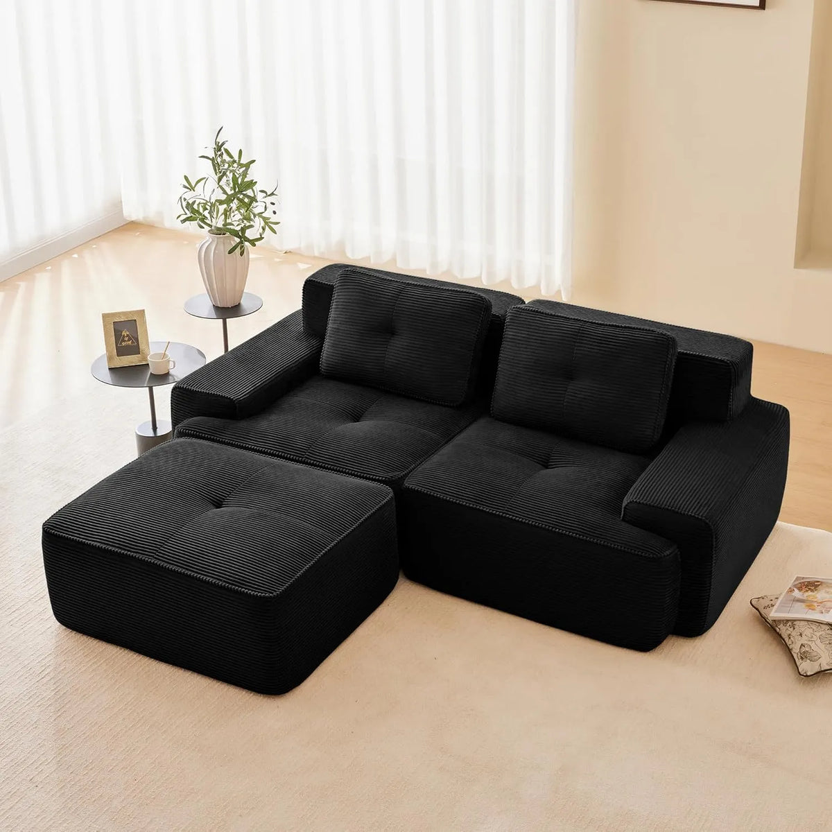 Sofa narożna: modułowa konstrukcja, w kształcie litery L, głębokie siedzisko, 2-osobowa, czarny