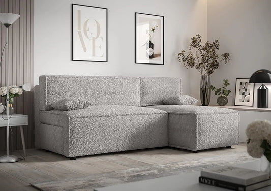 Sofa narożna — tapicerka bouclé, 212 cm, 85 cm, 105 cm