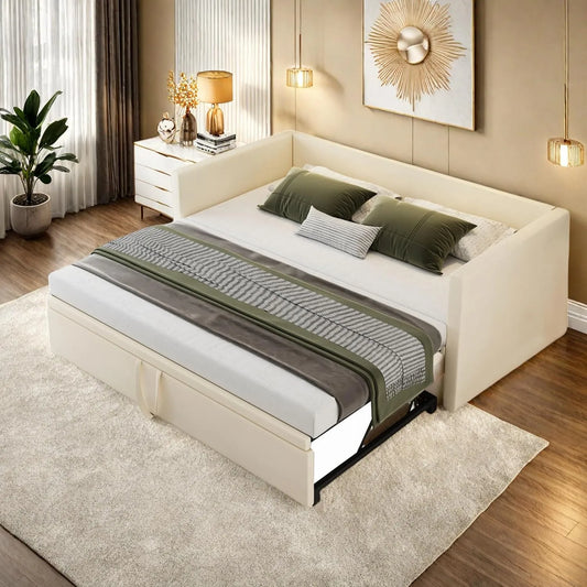 Sofa rozkładana i sofa z funkcją spania: tapicerka aksamitna, 180 × 200 cm, beżowy, tapicerka materiałowa