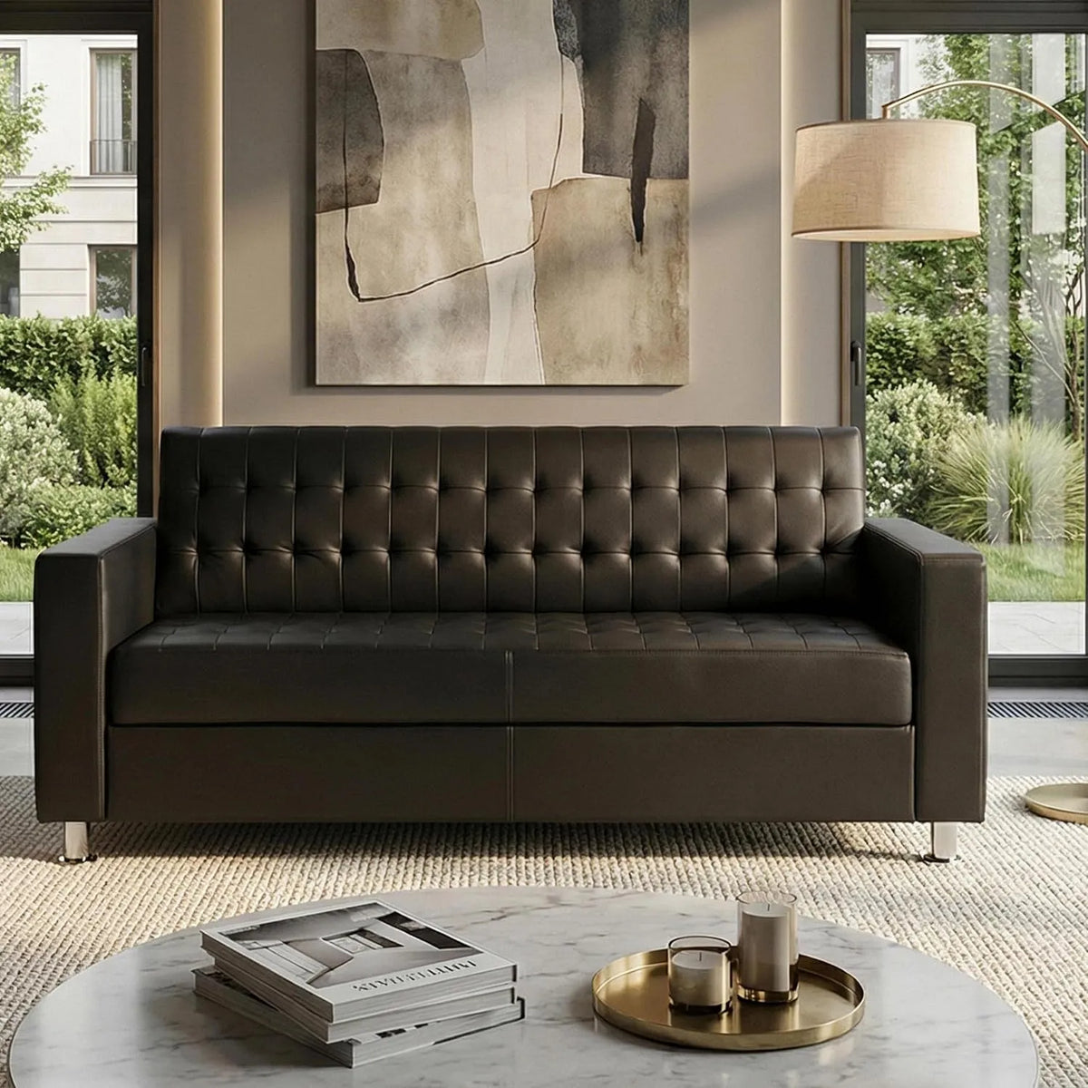 Sofa – kawa, 3-osobowa, 180 cm, z metalu, tapicerka skórzana