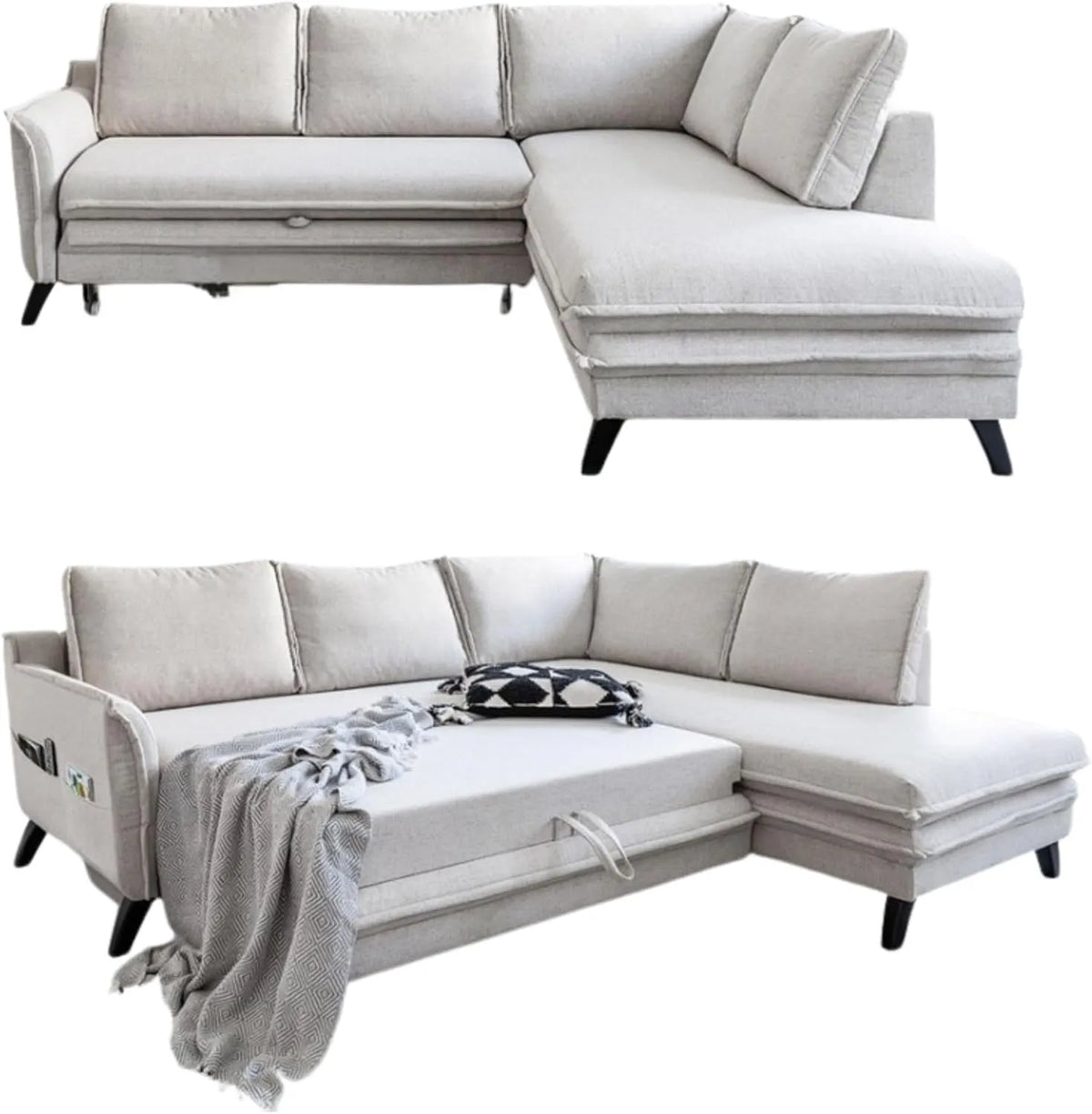 Sofa narożna — tapicerka materiałowa, z drewna, beżowy, rozkładana konstrukcja, tapicerka materiałowa