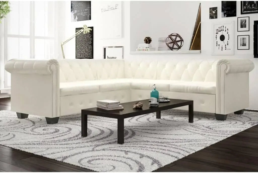 Sofa narożna — 5-osobowa, biały, tapicerka skórzana