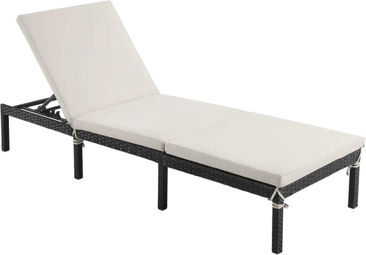 SONGMICS GCB27BRV2 Leżak ogrodowy i leżanka tarasowa – z oparciem, z technorattanu, regulowana konstrukcja, 59 × 198 × 28 cm, 5 cm, 150 kg, beżowy