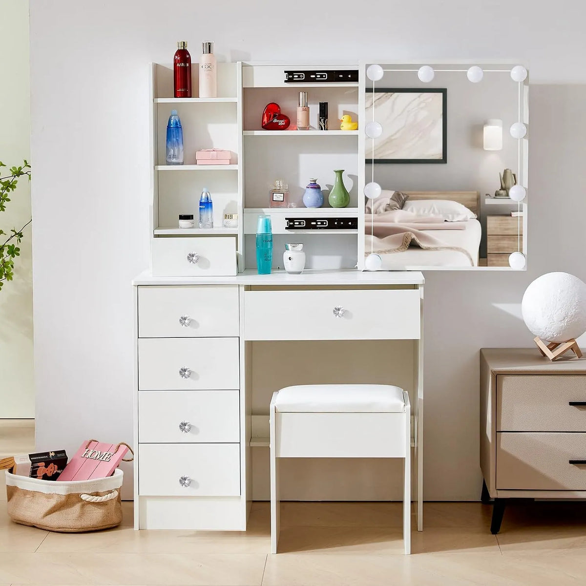 Toaletka i stolik do makijażu z oświetleniem LED — z szufladami, regulowana konstrukcja, wyświetlacz LED, 6 szufladami, 131 × 80 × 36 cm, biały