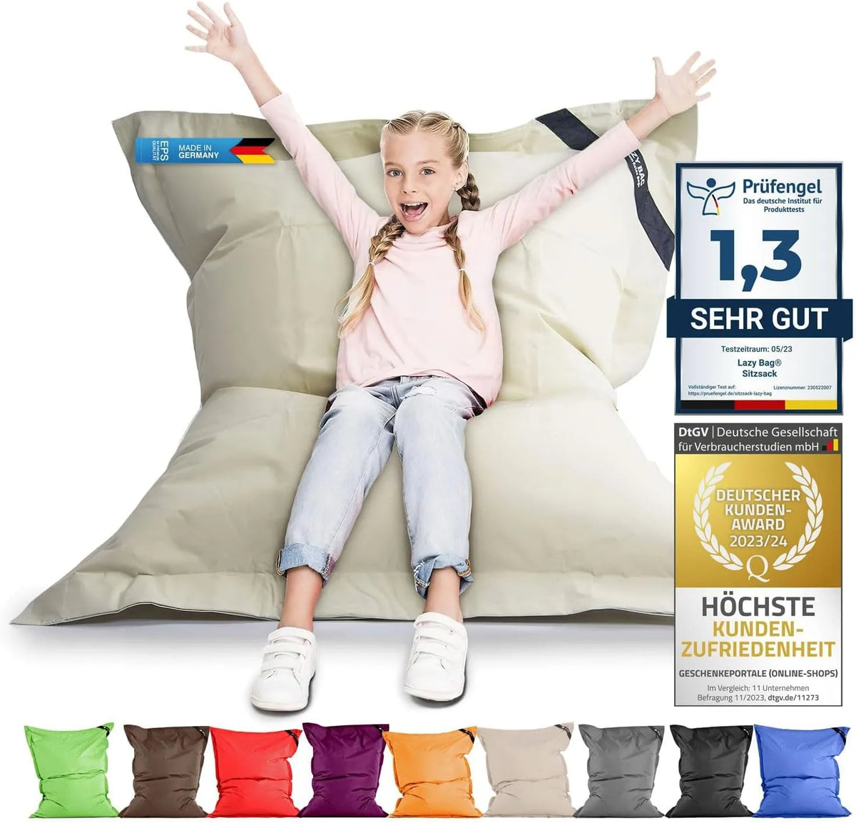 Lazy Bag Oryginalny worek do siedzenia wewnątrz i na zewnątrz – z poduszkami, 160 × 120, beżowy