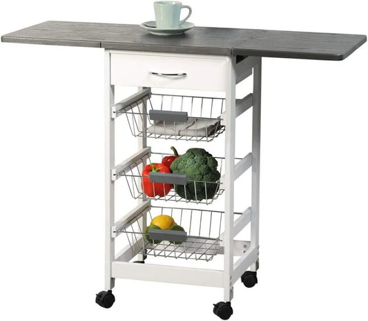 Kesper Mobilny wózek kuchenny z rozkładanym blatem roboczym — FSC, z drewna, z szufladami, z półkami, 3 półki, 100 cm, szary
