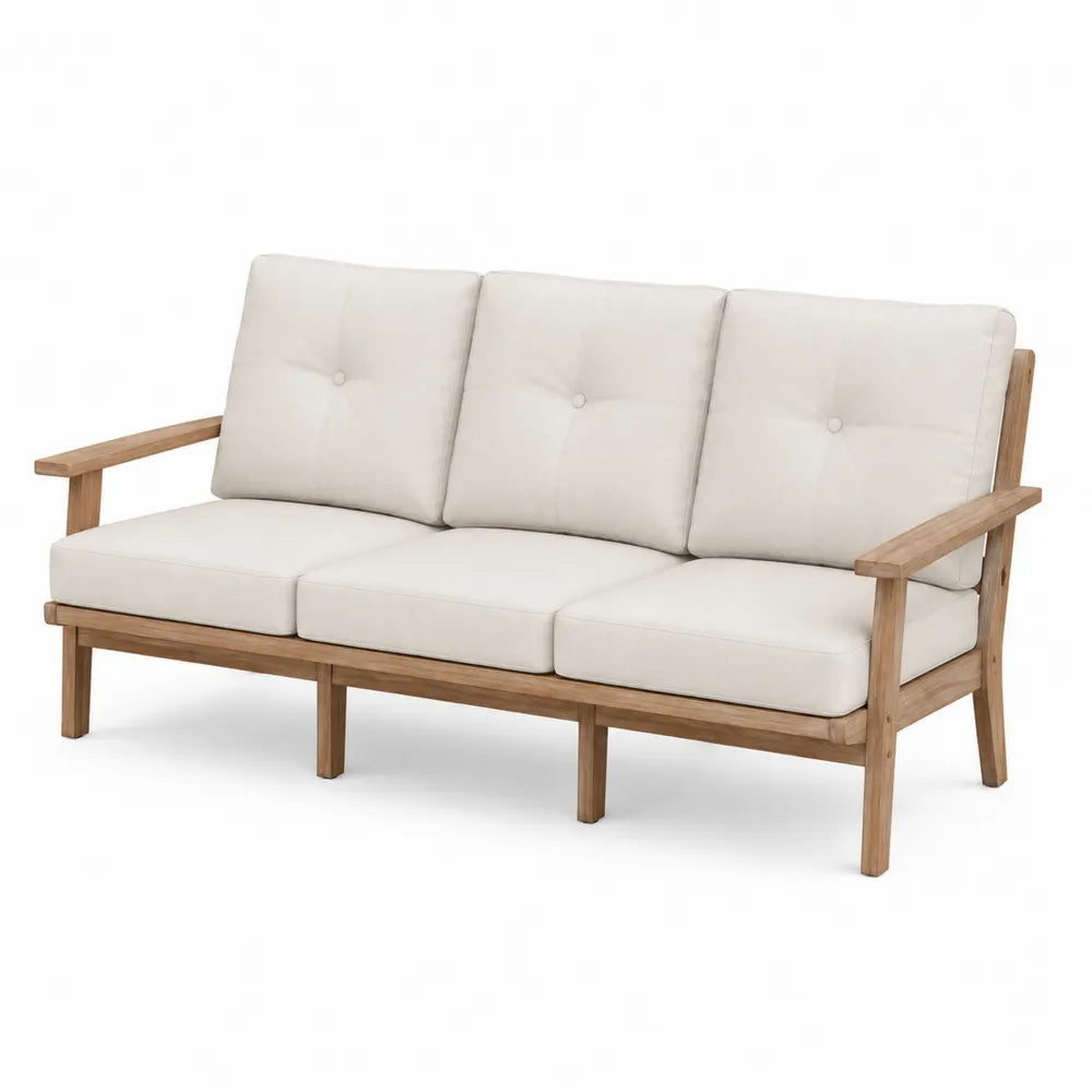 Drewniana sofa 3-osobowa z beżowymi poduszkami
