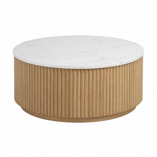 Stolik kawowy marmur MDF 90 cm biały/drewno