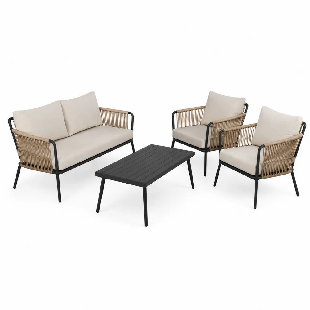 Zestaw mebli ogrodowych z metalowym stelażem i poliestrowymi poduszkami, beżowy, sofa 120cm, fotel 60cm, stolik 100cm