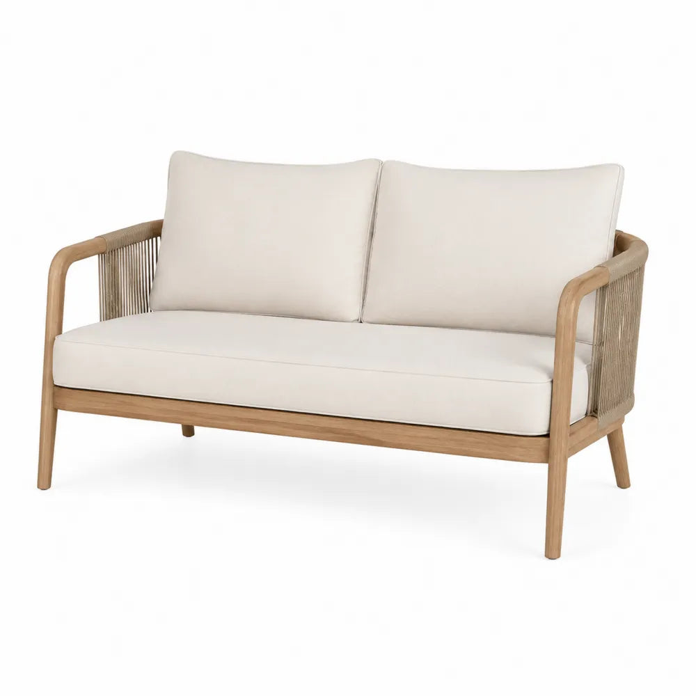 Beżowa sofa dwuosobowa z drewna akacjowego i lnu